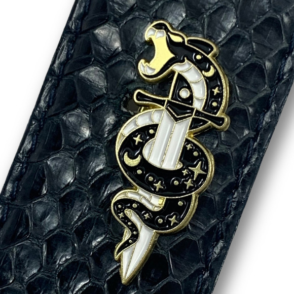 Gold enamel galaxy hissing snake on a sword pin - Picture 6 of 9